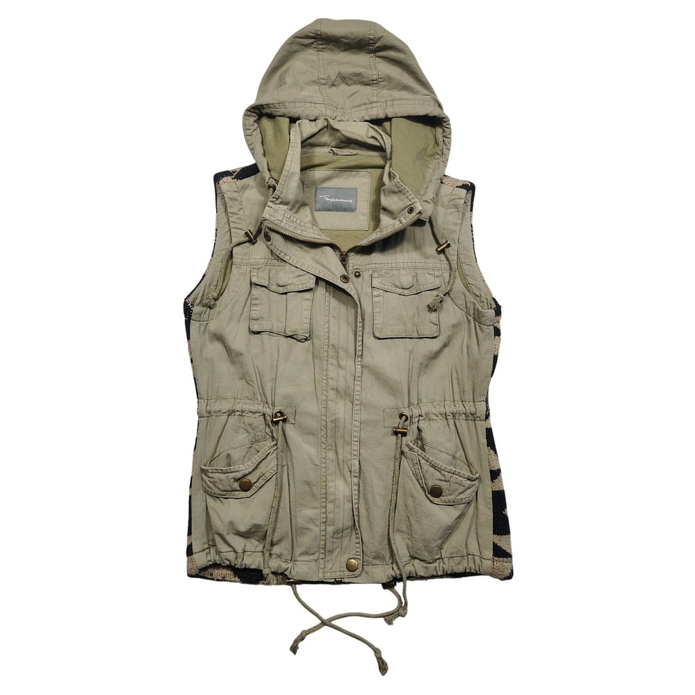 Fashionomics Utility Vest Womens S Hooded Knit Back Cargo Pockets Olive Green